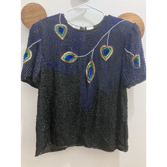 Night Vogue Tops - Vintage Night Vogue Sequined Beaded Black Blouse 100% Silk Peacock